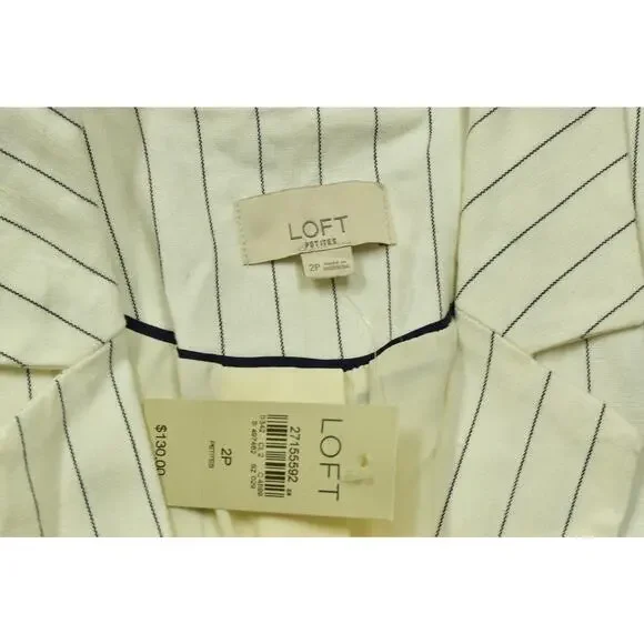LOFT Petite Size 2P White Pinstripe Linen Blend One-Button Blazer - Picture 7 of 8